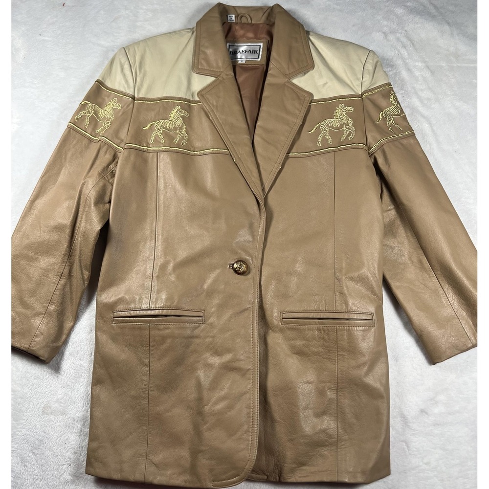 Braefair Leather Blazer Jacket Womens 8 Tan Beige‎ Embroidered Horse Western
